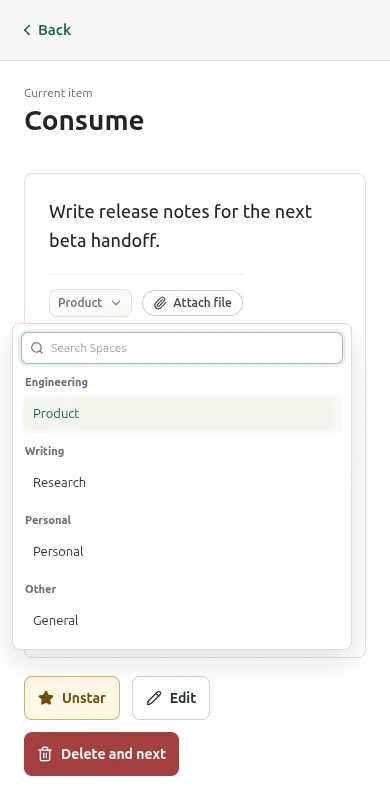 The Space picker, grouping Spaces by area