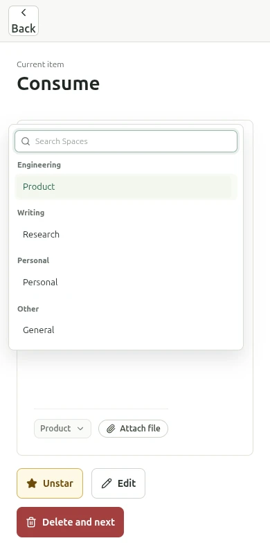 The Space picker, grouping Spaces by area