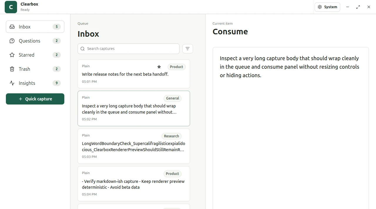 The Clearbox desktop app showing the queue rail, the Inbox list of captures, and the Consume reading panel